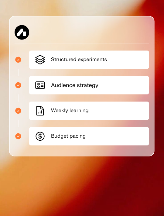 Paid media operations checklist overlay on warm gradient
